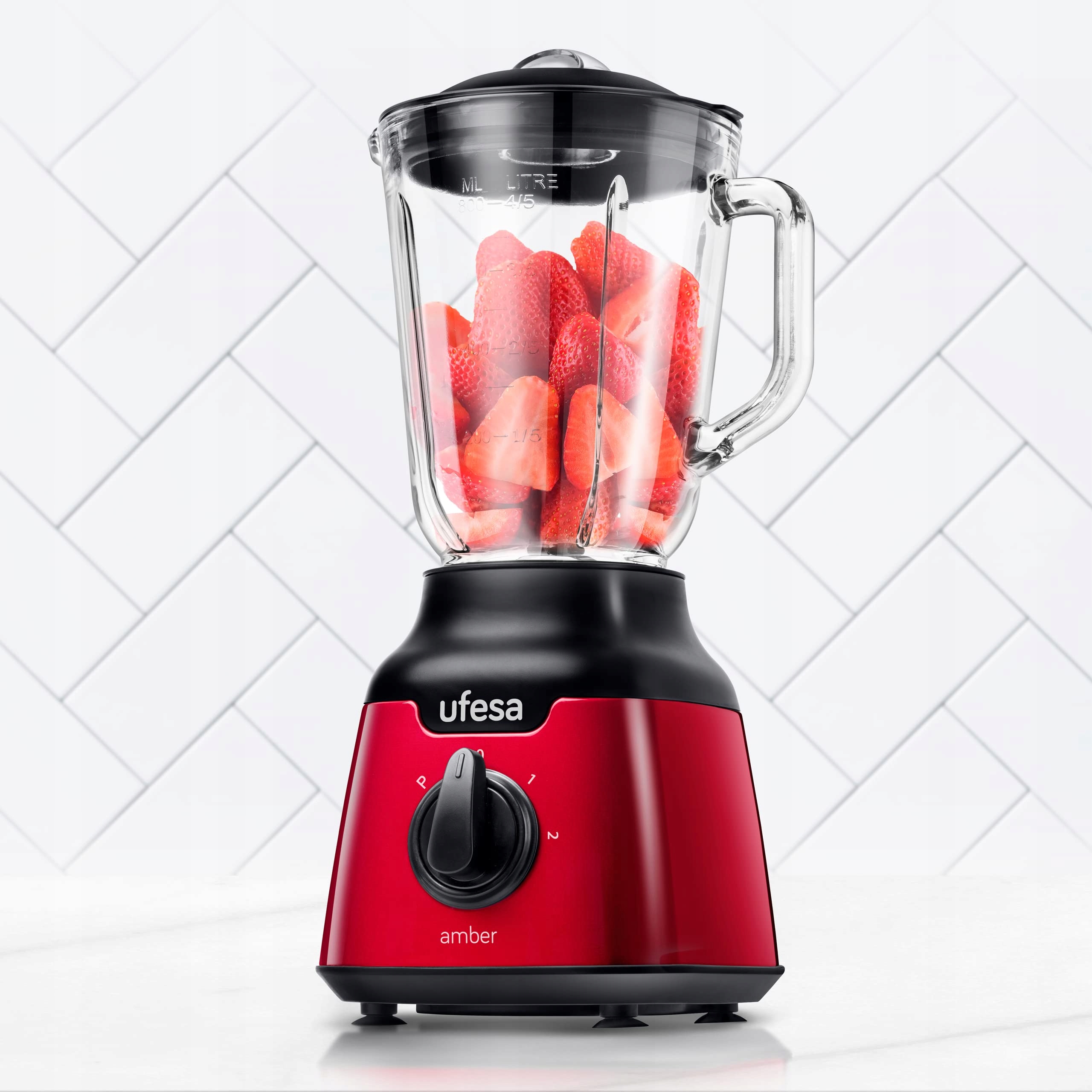 UFESA Blender Kielichowy Czerwony Szkło 0,8L 900W 2 Prędkości BPA Free — miniatura 2