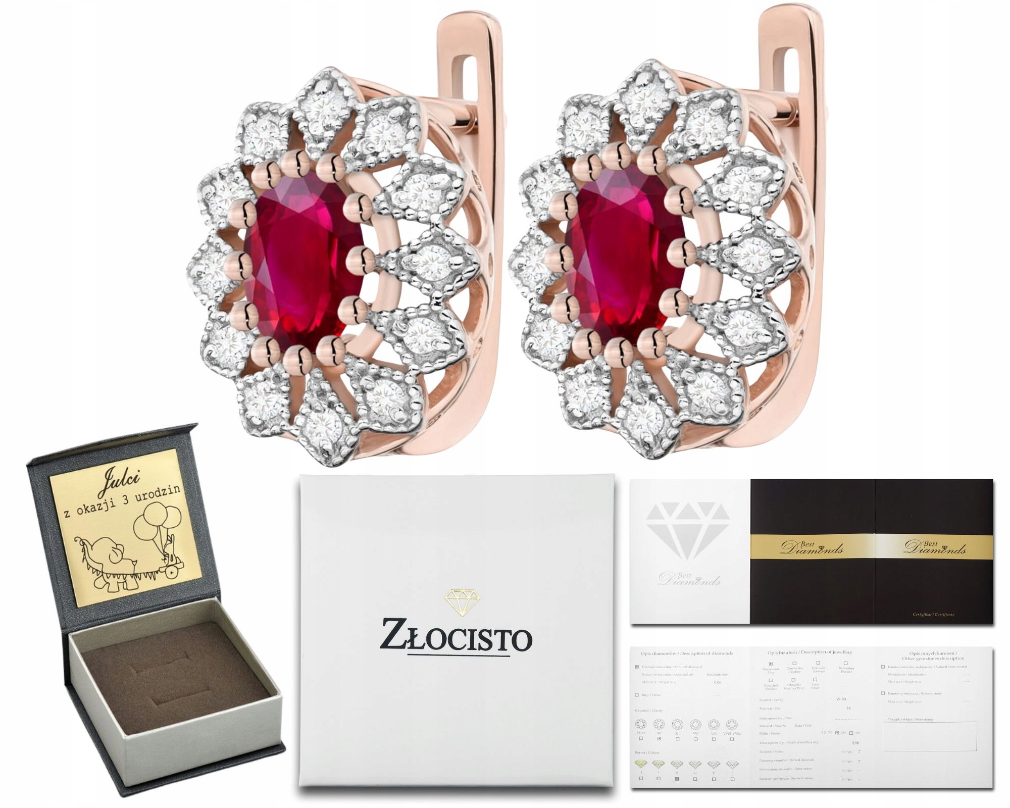 Růžové Zlato Náušnice S Rubínem A Brilianty 585 Gravírování Anglické Zapínání