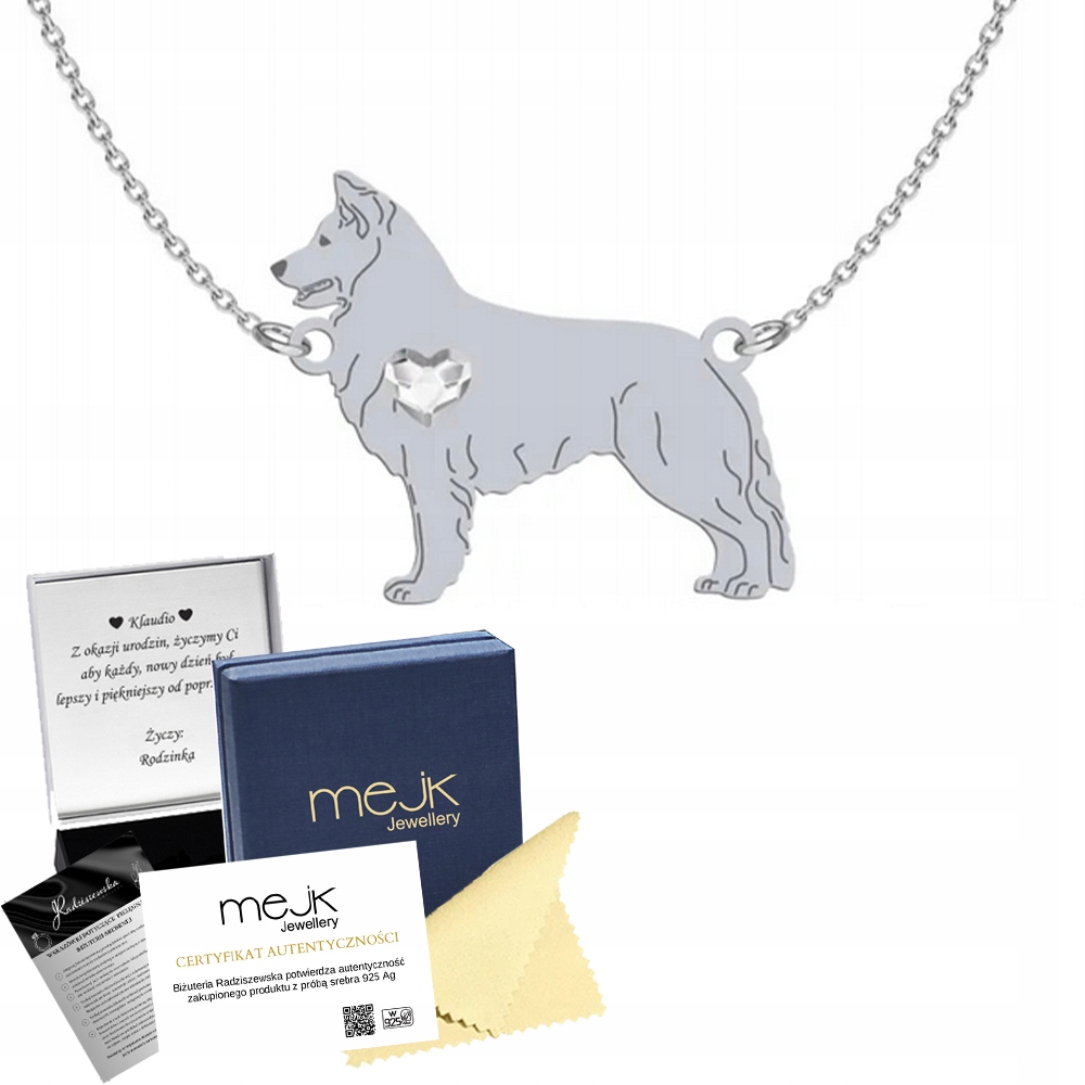 Stříbrný náhrdelník s bílým švýcarským ovčím psem 925 Řetízek Gravírování Bonus