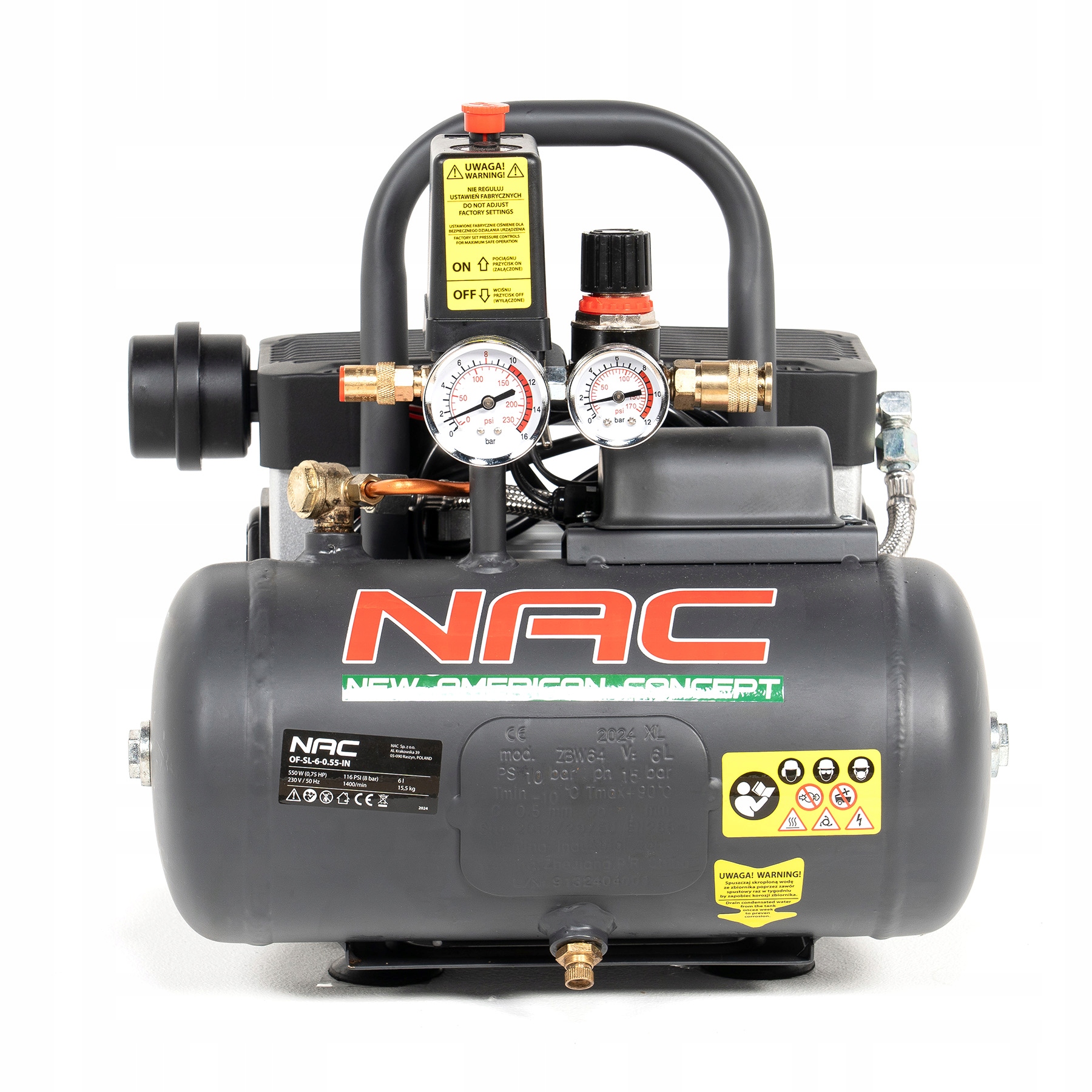 Bezolejový Kompresor 6L Nac Tichý Kompresor 76DB 550W 0,7HP 108L/H 8 Bar