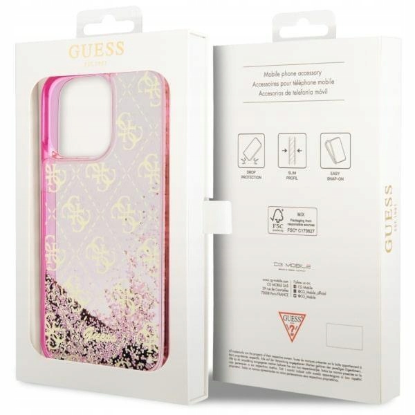 Guess Liquid Glitter Transculent 4G Pouzdro pro iPhone 14 Pro Max (Růžové)