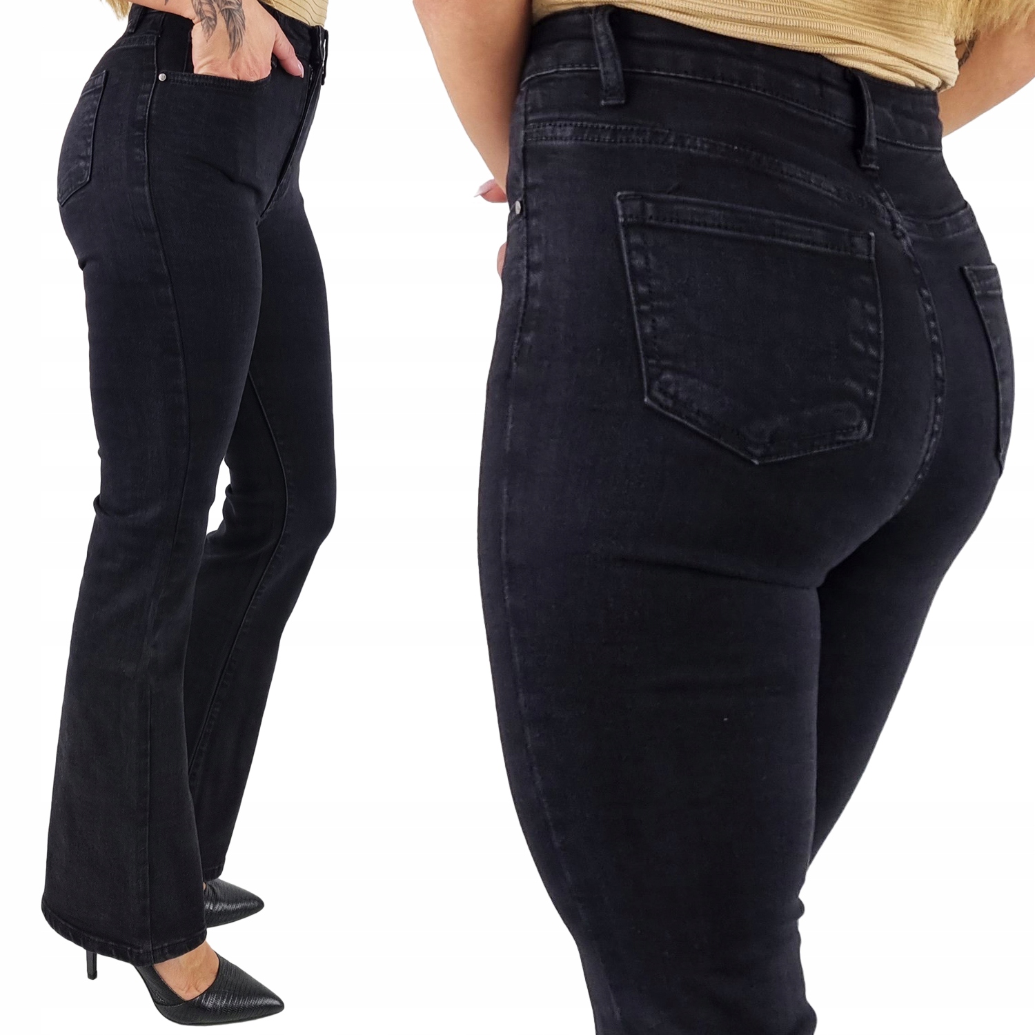 Damskie spodnie Premium dzwony jeans Black szeroka nogawka