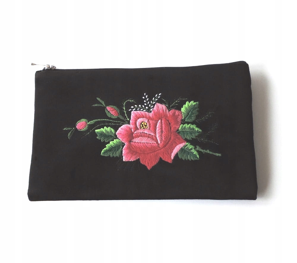 Plochá Kosmetická Taška Folk Rybářská Výšivka Růžová Růže Ruční Práce