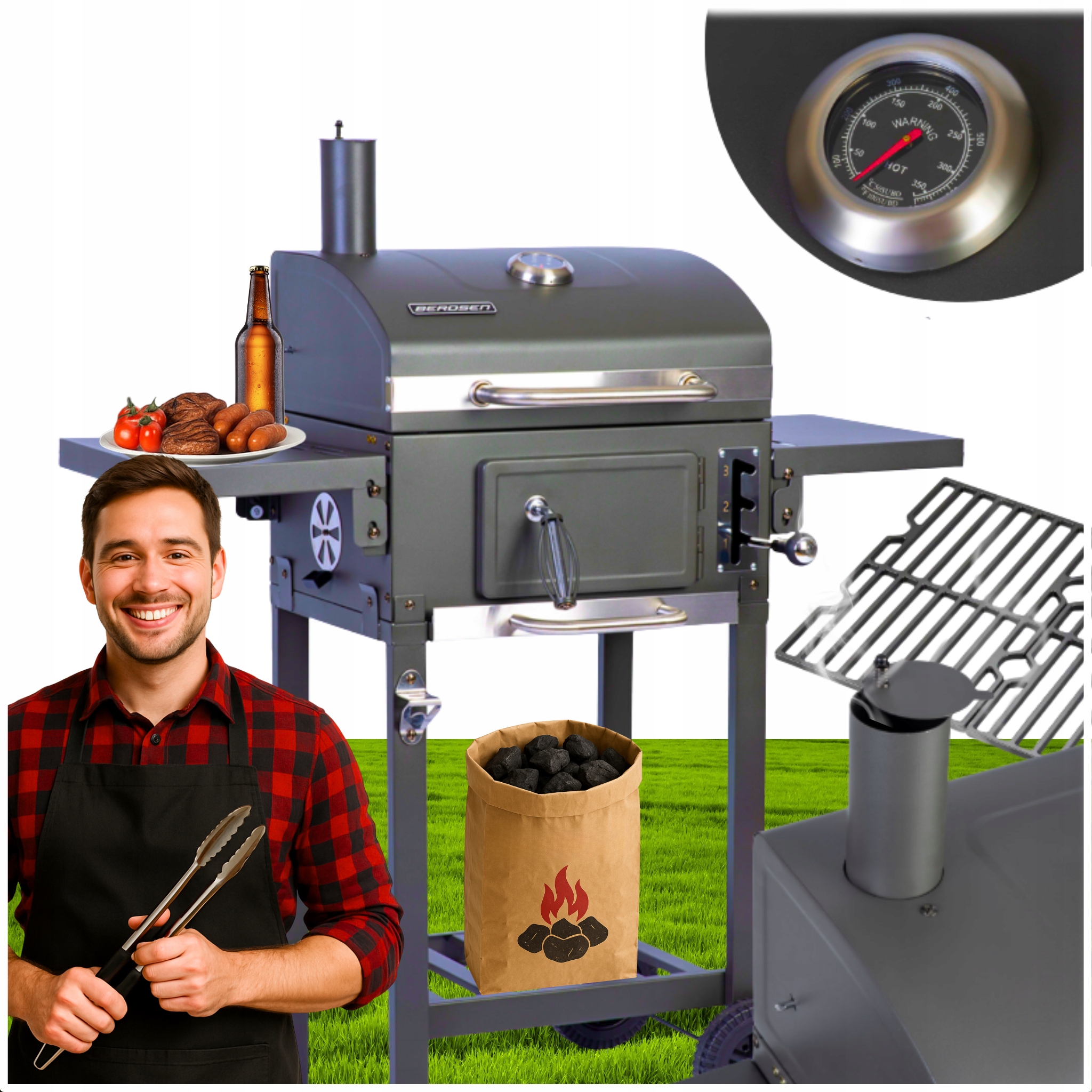 Grill Węglowy Żeliwny Ruszt z Pokrywą Kominem Duży Ogrodowy Gril Rodzinny