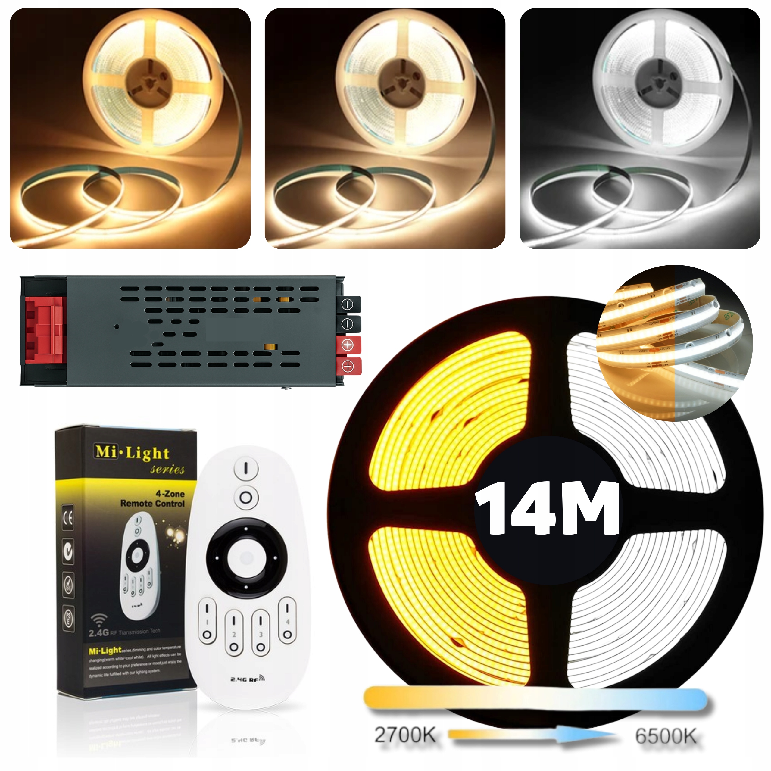 Set Led teplá a studená páska Cob Cct 3000-6500K 24V 14W/m kontinuálna čiara 14 m