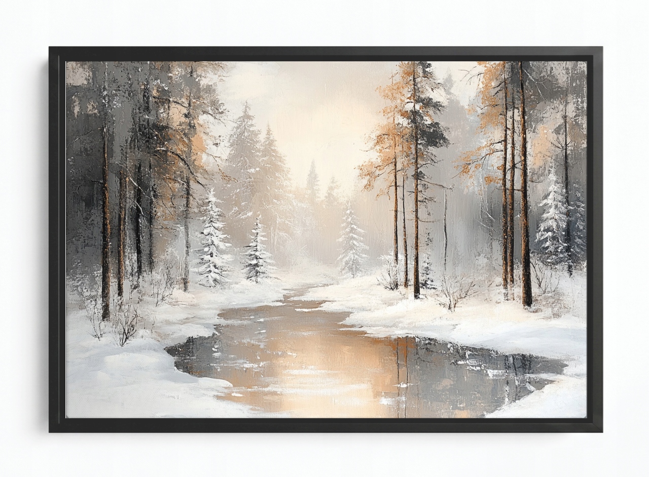 Obraz Rám Americký Box Zima Smrkový Les Sníh Řeka Příroda Mráz 60x40