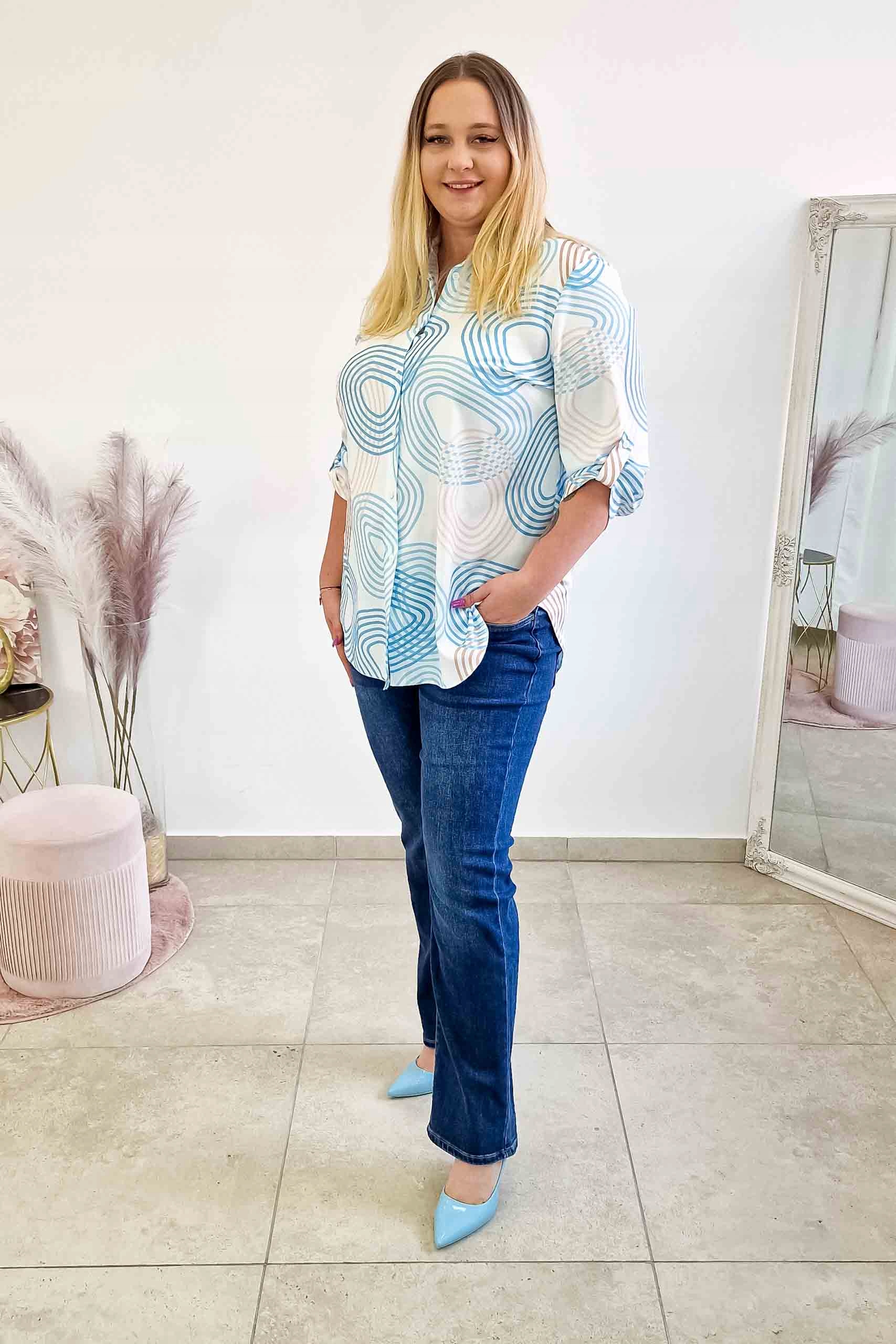 Modrá dlouhá dámská košile s knoflíky na zadní straně, velikost 40