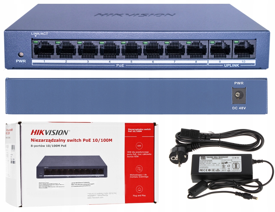 Switch Poe 8xPoE 2xUpLink 10/100Mbps Hikvision Pro Ip Kamery 60W