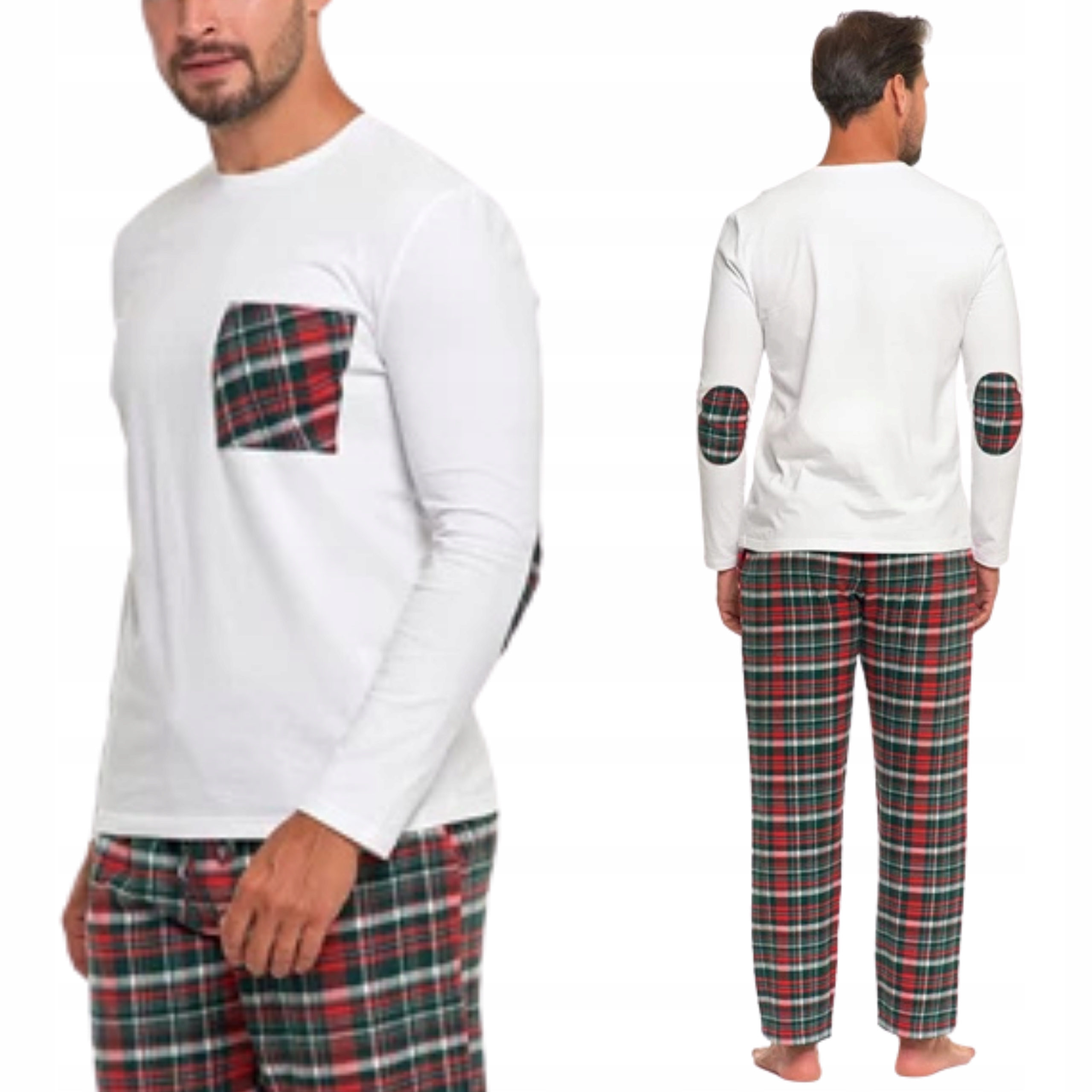 Dlouhé pánské bavlněné pyžamo Spodnmie s mřížkou a záplatami na loktech Moraj XXL