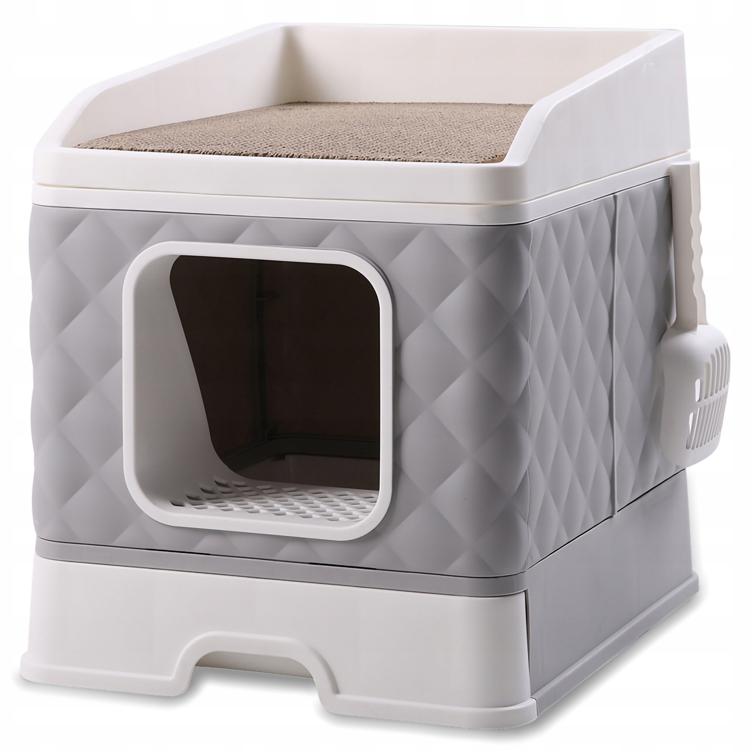 Uzavřená Toaleta Pro Kočky S Škrabadlem A Výsuvnou Zásuvkou A Lopatkou