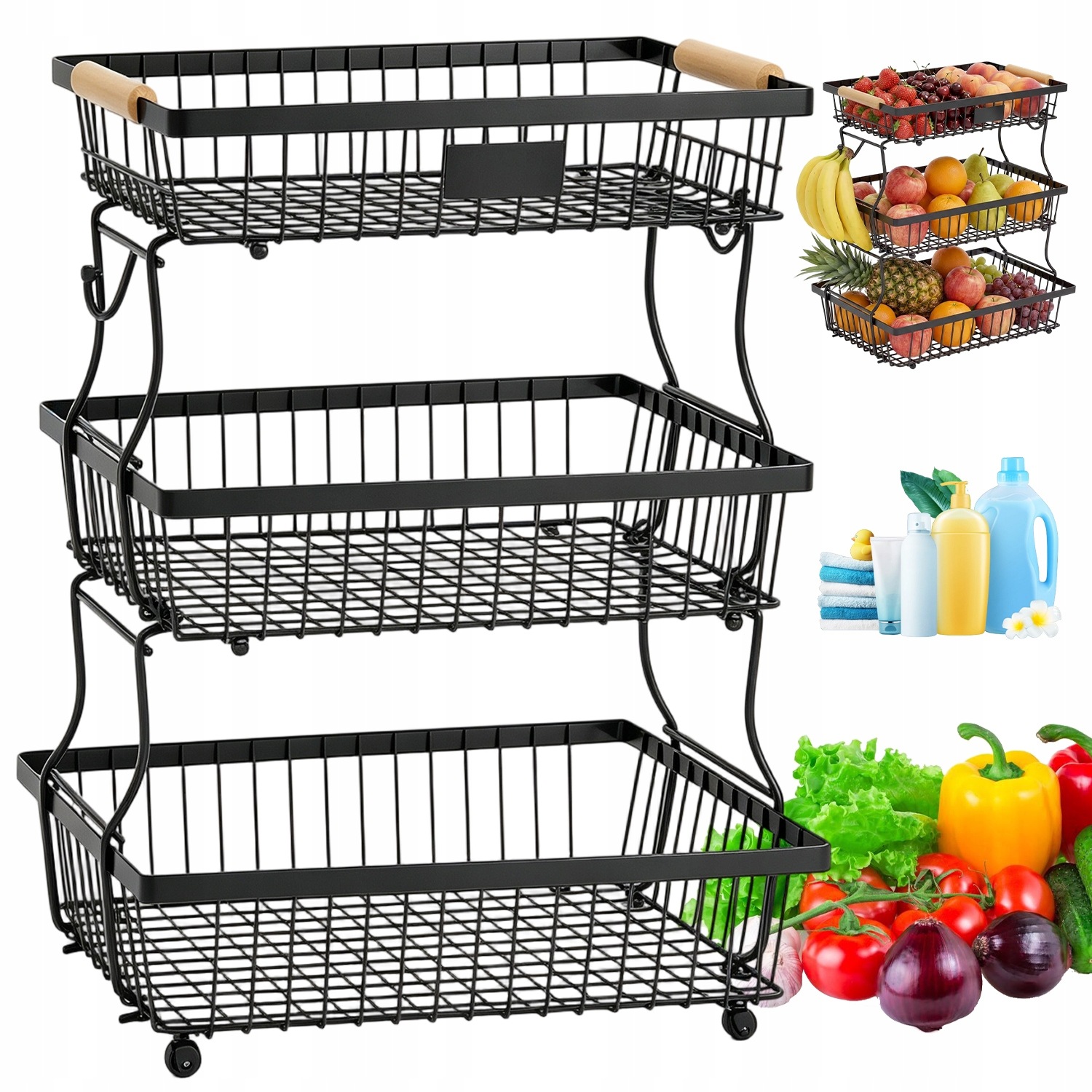 Košík Na Ovoce, Zelenina, Dvouúrovňový, 3 Úrovně, Kovový, Černý, Podnos