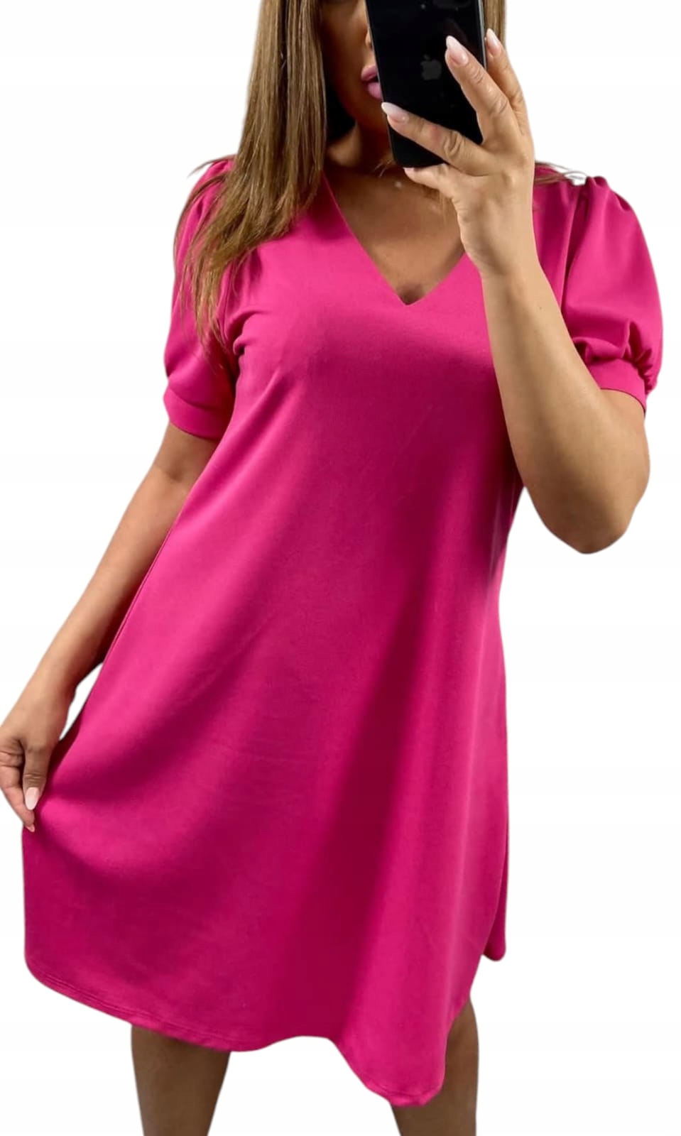 V657 Šaty Krátký Rukáv Hladký Výstřih V-neck Fuchsiová vel. 42 (XL)