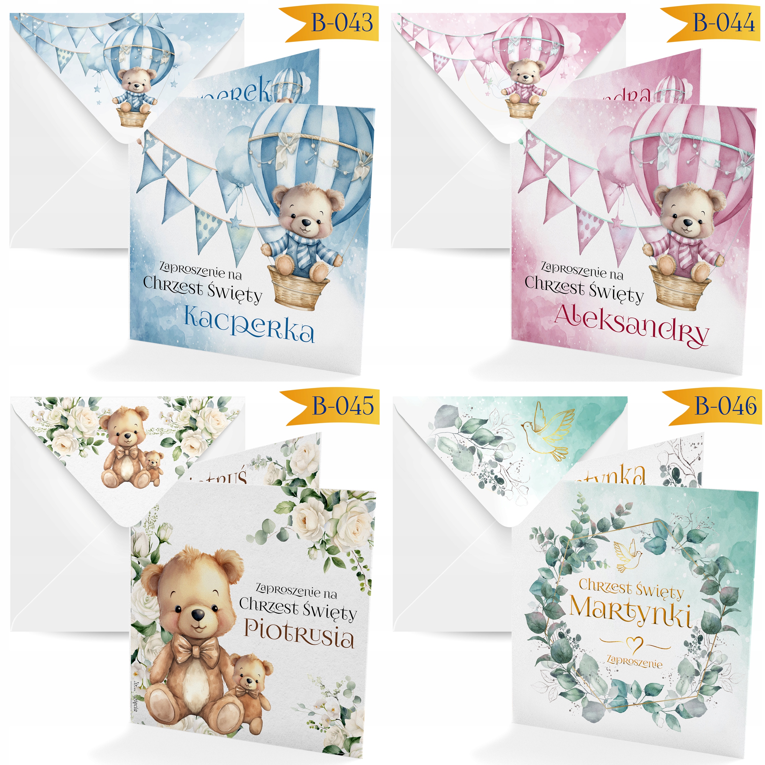 ZAPROSZENIE NA CHRZEST + IMIĘ DZIECKA + KOPERTA + ŚWIETNA JAKOŚC + SZYBKO Grubość papieru 340 g