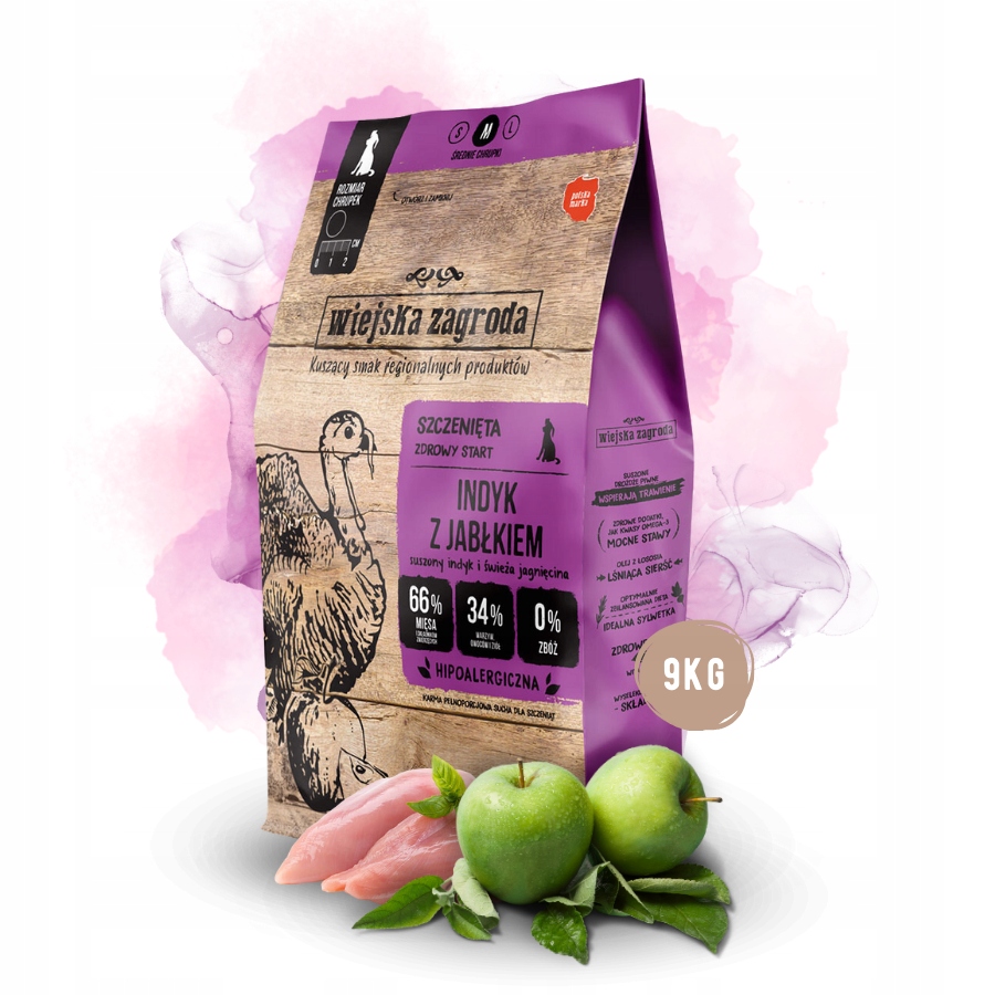 Levně Wiejska Zagroda Krmivo suché pro štěňata Krůta Jablko Střední plemena M 9 kg