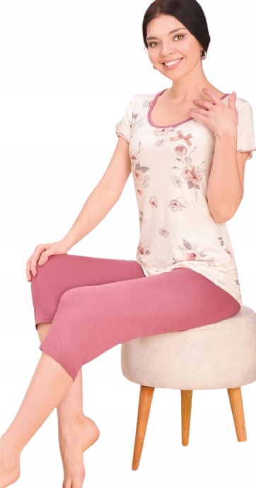 Ženské Pyžamo Viskóza Světlé Tričko S Květinami A Mašličkou XXL