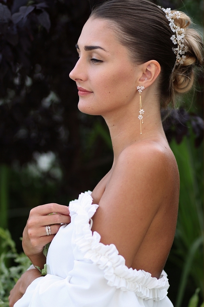 KOLCZYKI KWIATKI KWIATY DŁUGIE 9,5 CM ZŁOTE ŚLUBNE Materiał Pozłacany