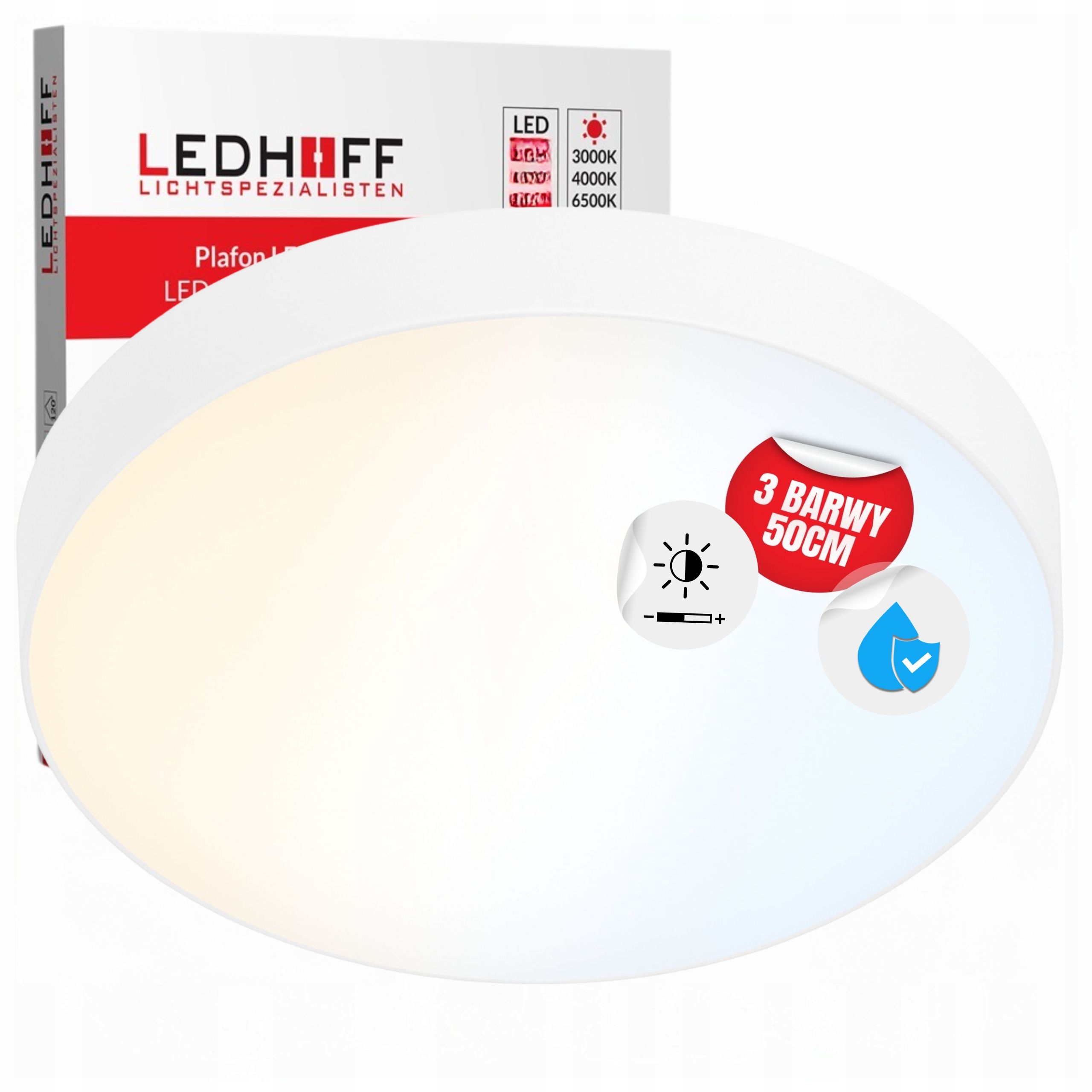 Lampa sufitowa Plafon Led 50cm Okrągły panel 3 barwy do łazienki Regulacja