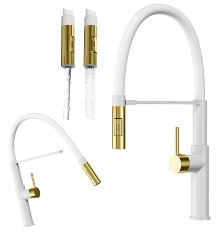 Biela Kuchynská Batéria, Flexibilný Výtok, Brúsené Zlato, Kohútik Soria