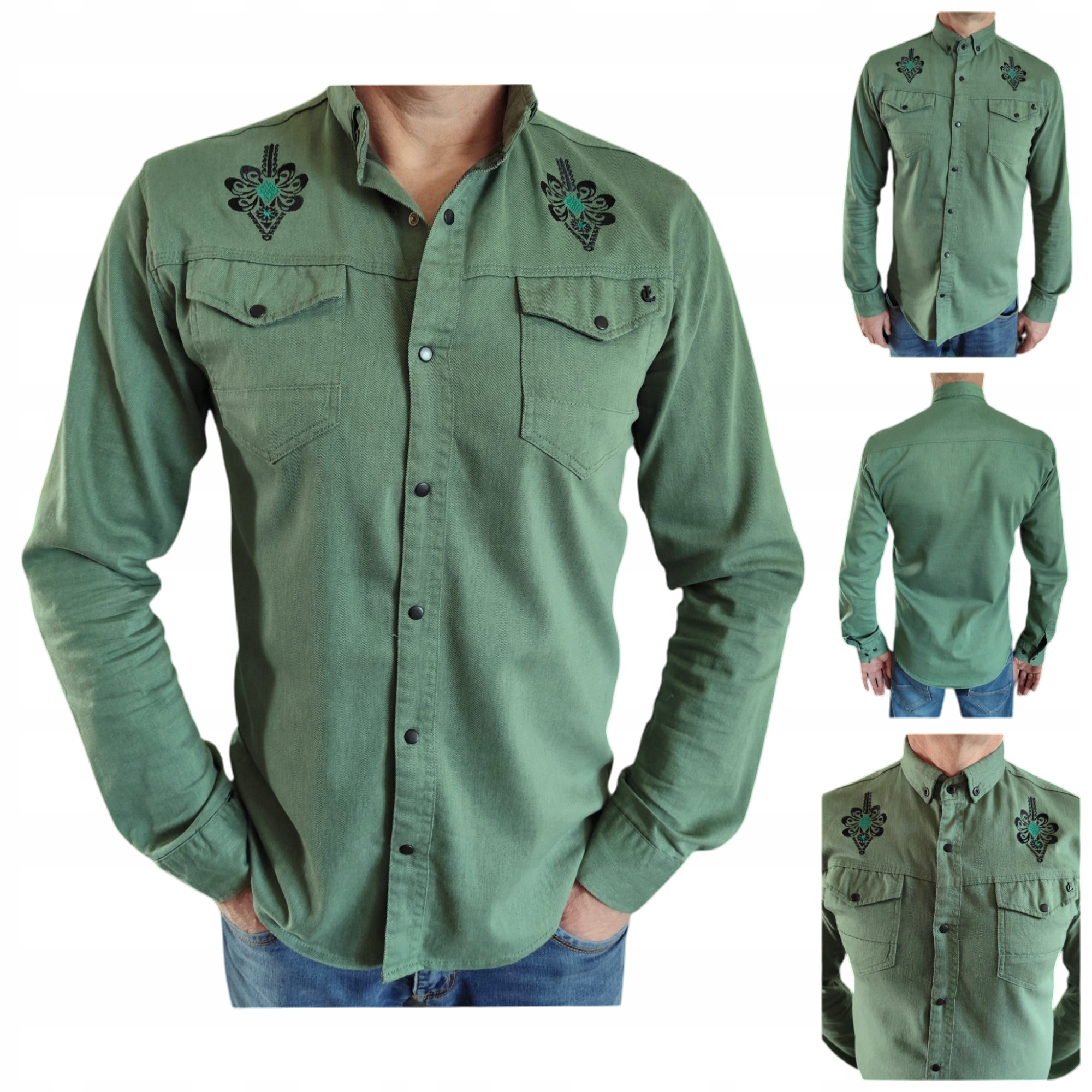 Pánská elegantní košile s výšivkou Slim Fit snapy casual Folk Zeleň M