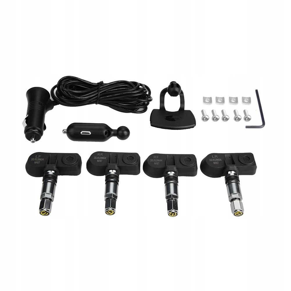 Automobilinė TPMS sistema su 4 vidiniais jutikliais, LCD ekranu ir USB lizdu