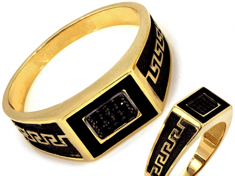 Zlatý prsten 585 14kt s černými doplňky a řeckým vzorem 5.75g R28 dárek