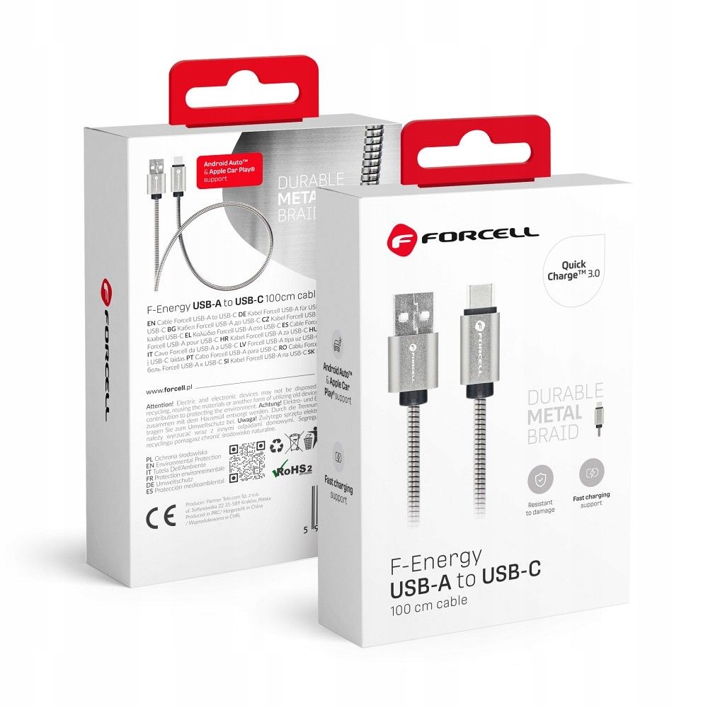 Kabel Usb A do Usb C Forcell F-Energy QC3.0 66W Metal 1 m C234 srebrny