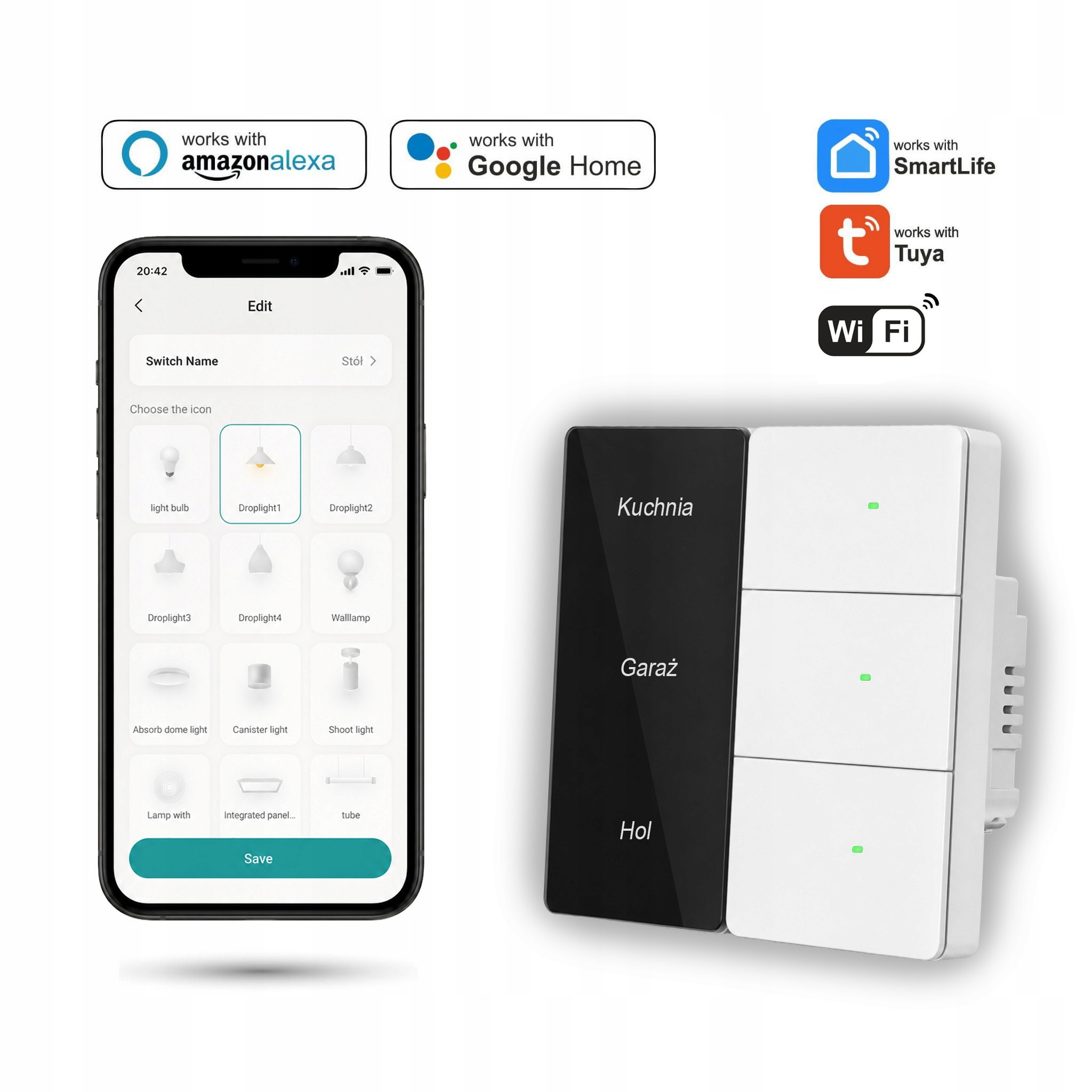 Nástěnný vypínač WiFi Tuya bílý, trojitý, s zobrazením názvů místností