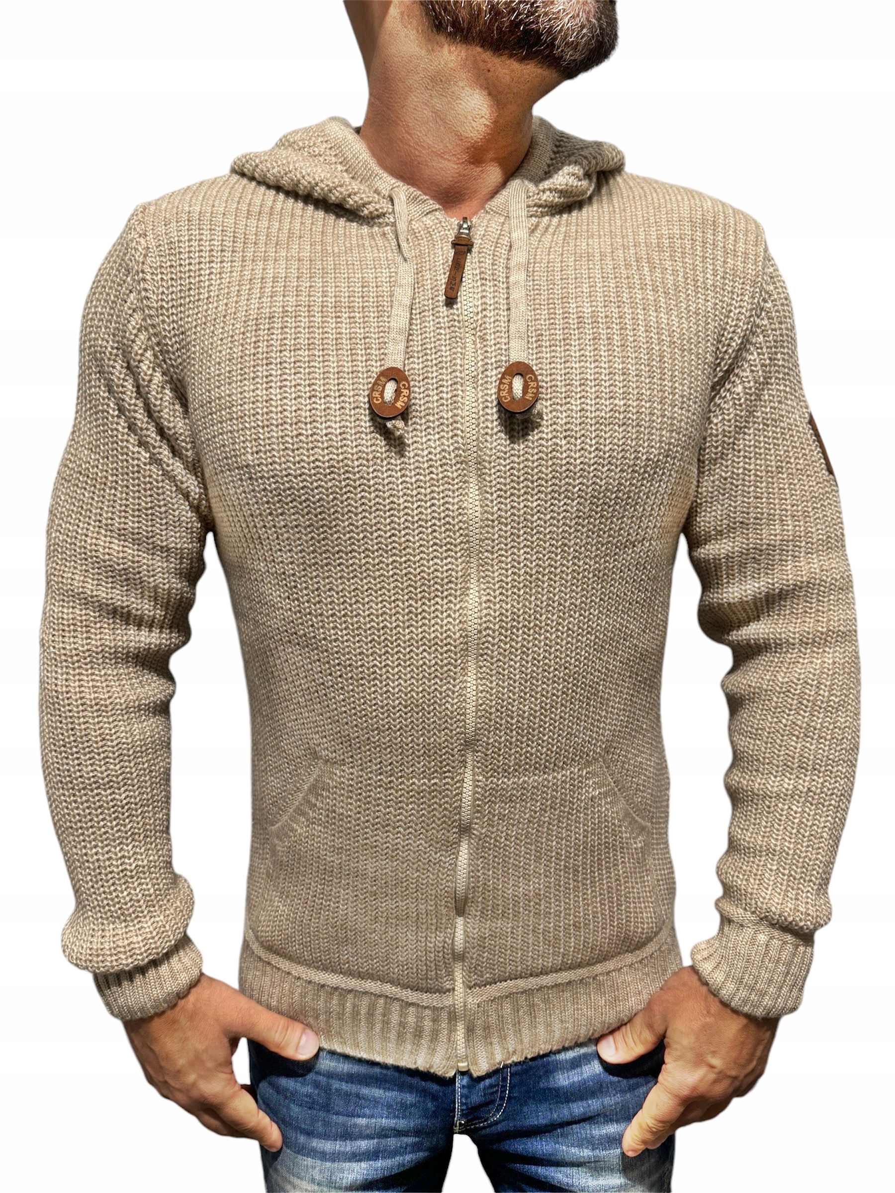 Pánský Svetr S Kapucí S Rozepínacím Zipem Béžový XXL
