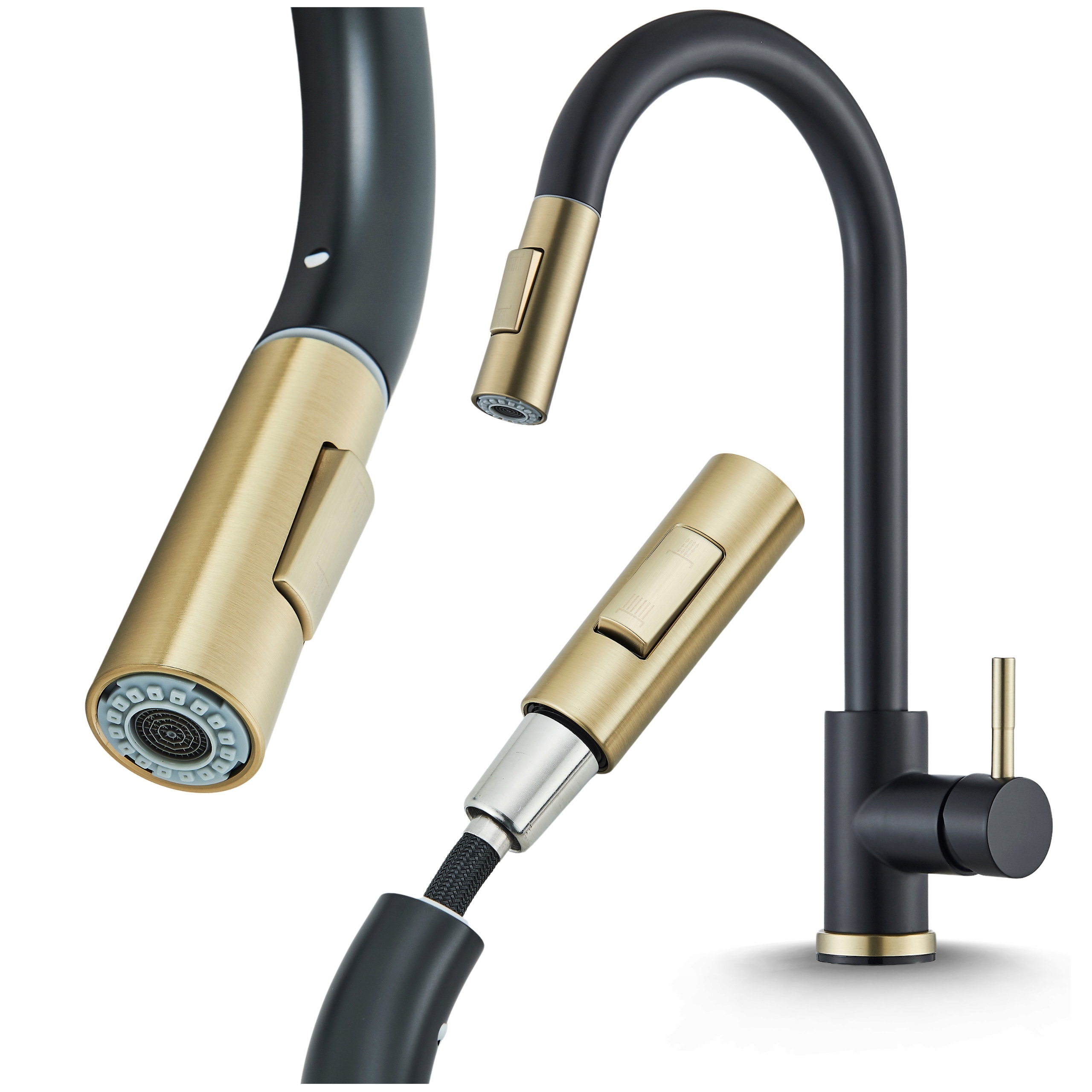 Kuchyňská Baterie s výsuvným odnímatelným výtokem Kohoutek do kuchyně Černá Zlatá