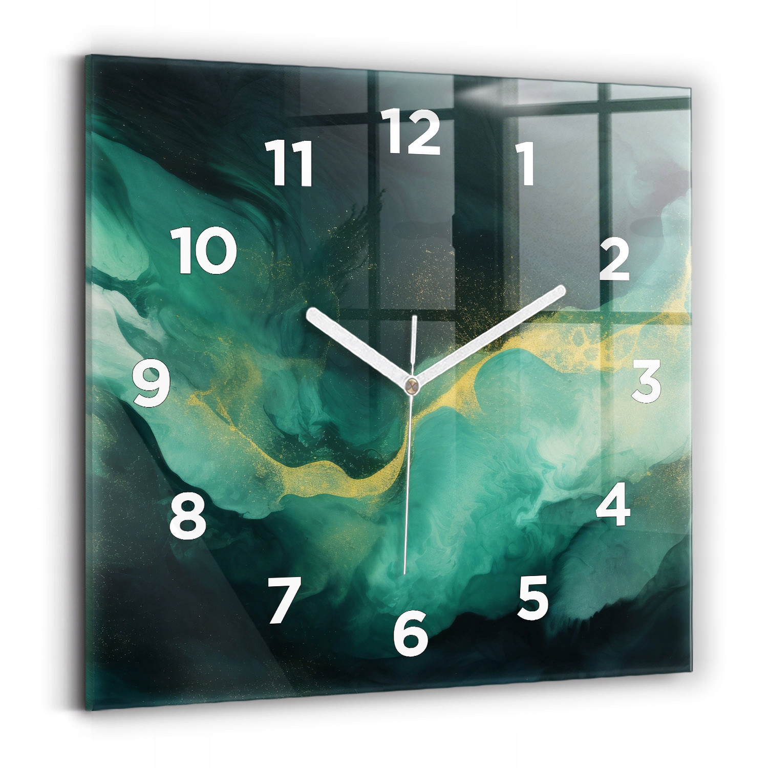 Designové čtvercové skleněné hodiny do interiéru Zelený mramor 30x30 cm