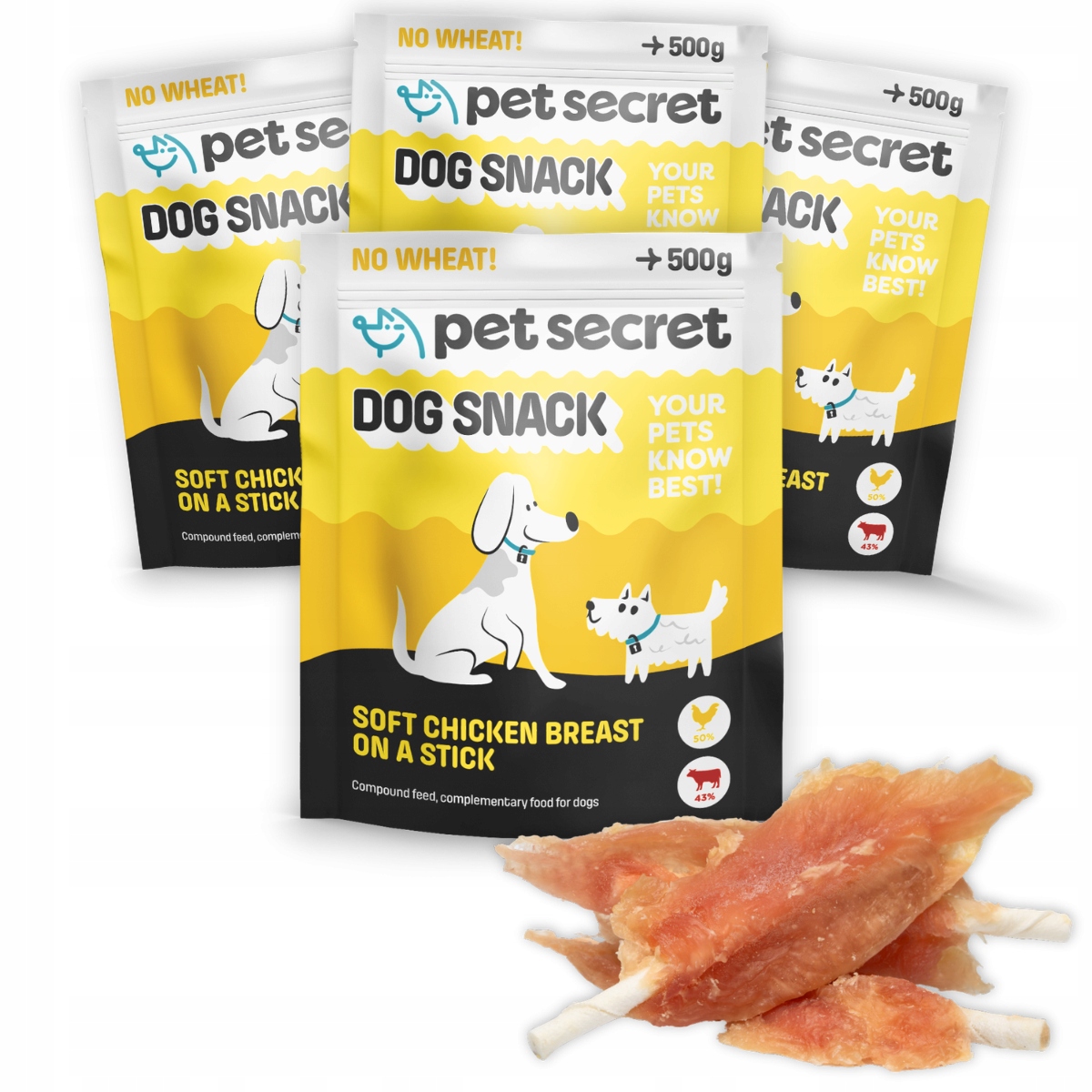 Psí pamlsek 4x500 g Kuřecí prsa na tyčince Masové kousátko Pet Secret