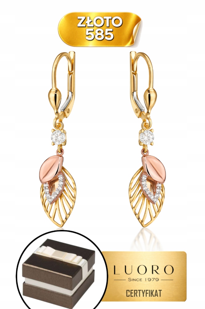 Náušnice Zlaté 585 14K Lístky Se Zirkony Tříbarevné 36 MM Anglické