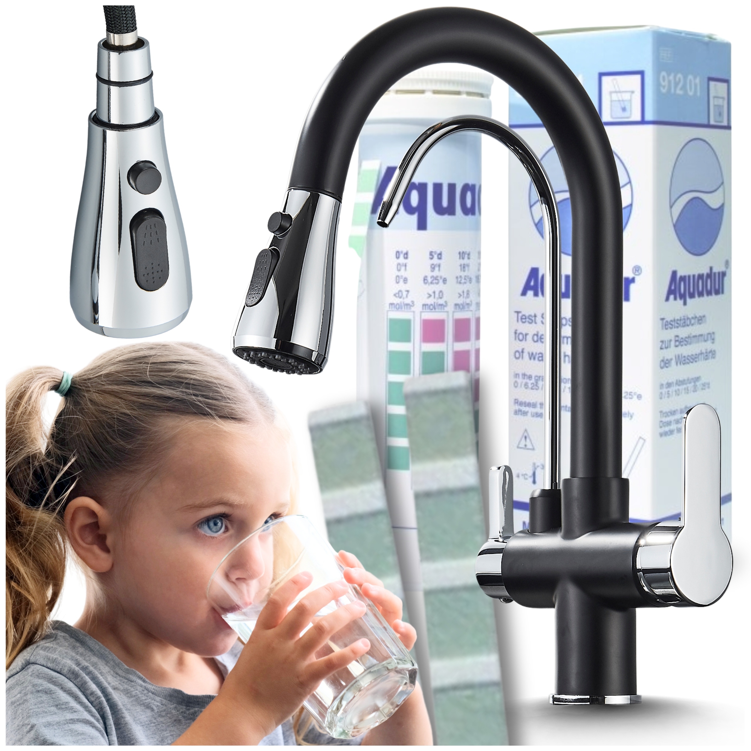 Kuchynský Vodovodný Kohútik s Vyťahovacou Výlevkou, Výlevka pre Vodný Filter, Trojcestná Batéria