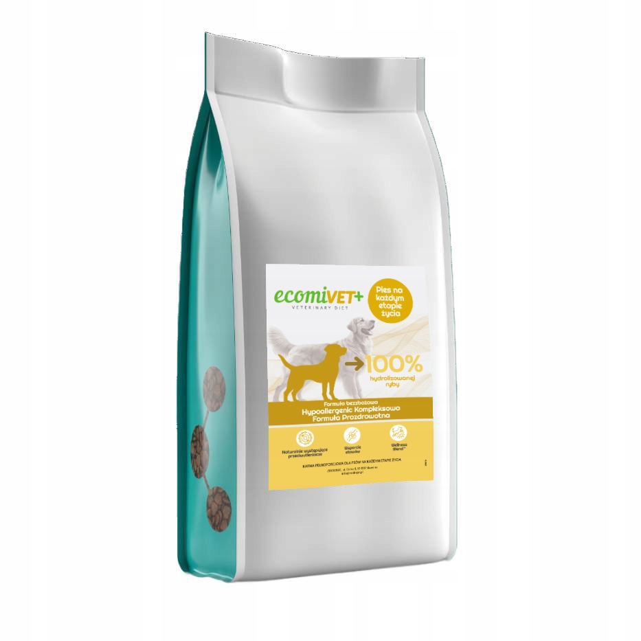 ecomiVET+ Hypoallergenic Štěňata a psi 10 kg dieta 100% hydrolyzát losos