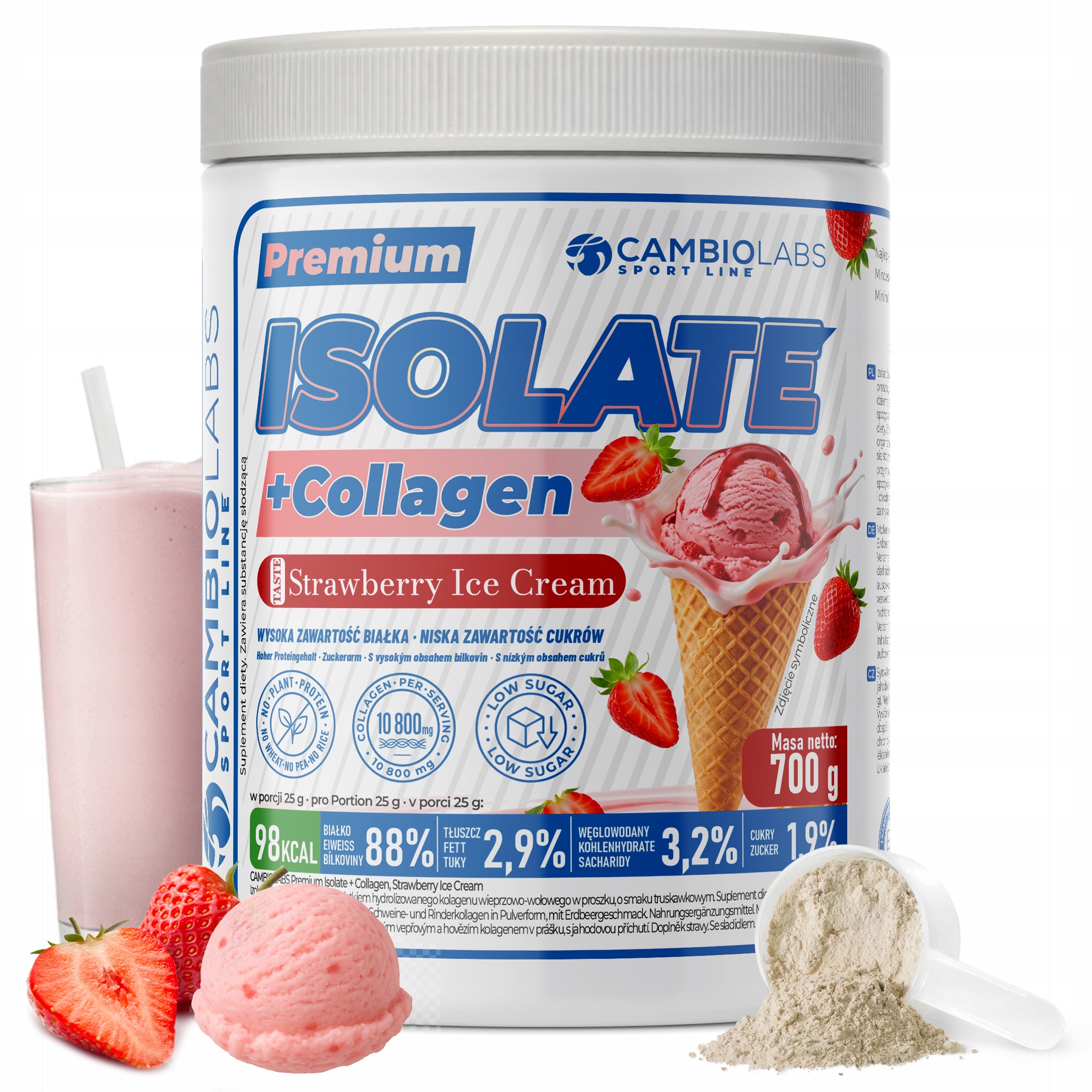 Proteinový syrovátkový izolát kolagen protein 700 g jahodová zmrzlina
