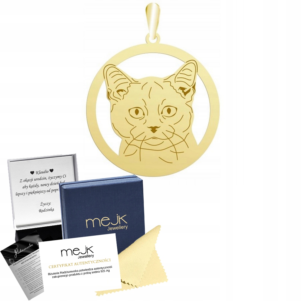 Zlatý přívěsek s kočkou Munchkin 925 Dárek Žena Šperky Gravírování Bonus