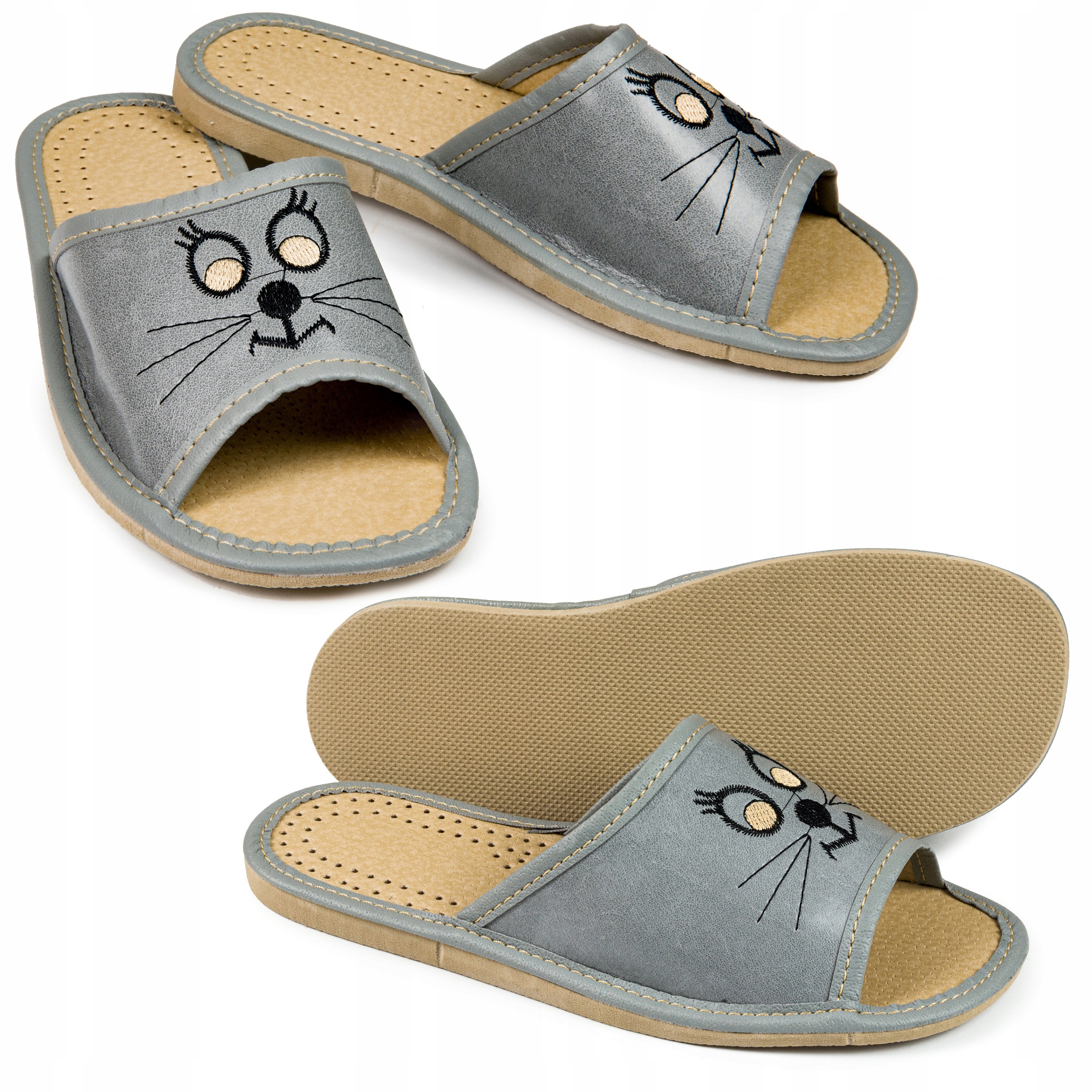 

Kapcie Damskie Pantofle Skórzane Kotki Domowe Eko