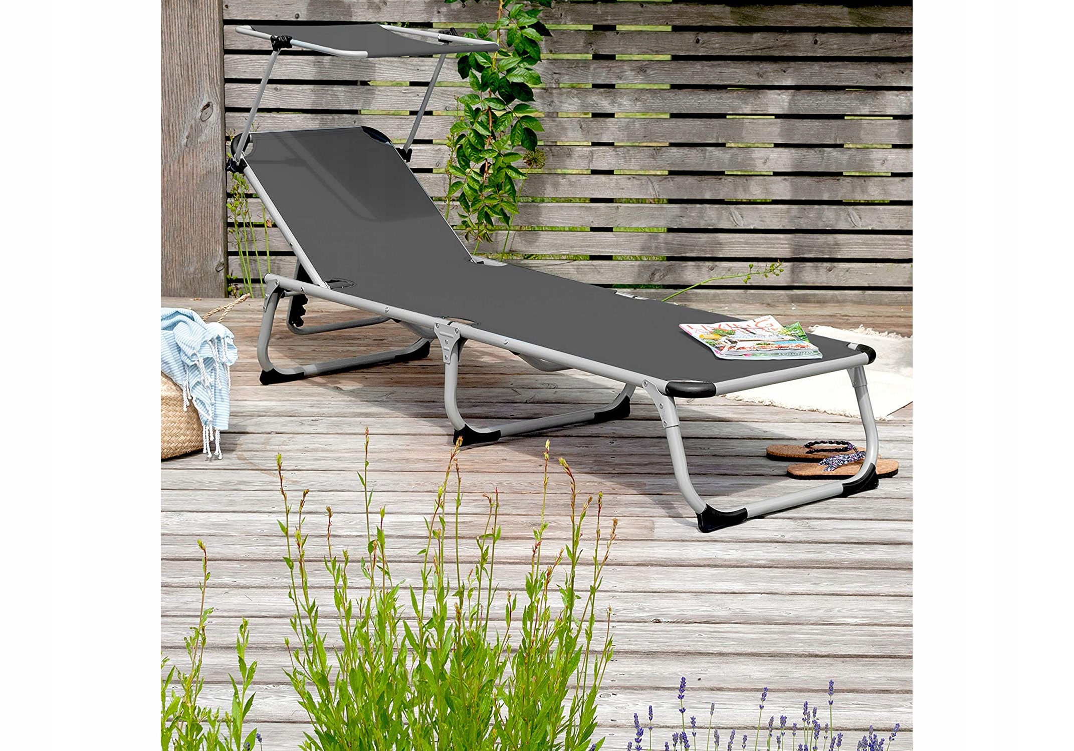 Skladacie záhradné ležadlo s baldachýnom, antracitové, 193x60x32 cm