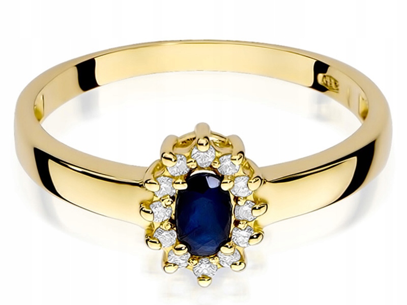Zlatý prstýnek 585, markýza s brilianty, safír, klasický elegantní vzor