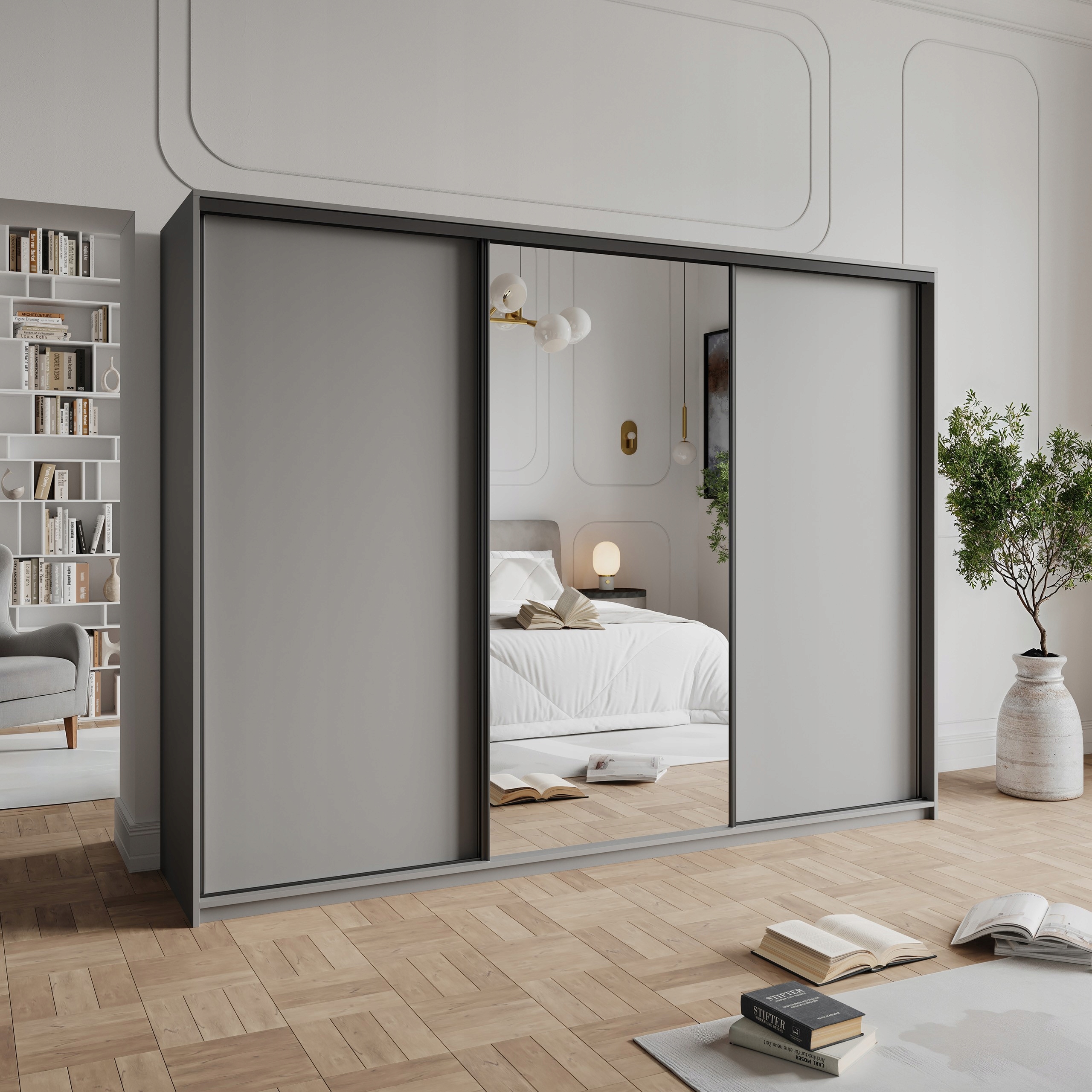 Skříň 250 cm se zrcadlem Třídveřová zásuvka Grafit černá