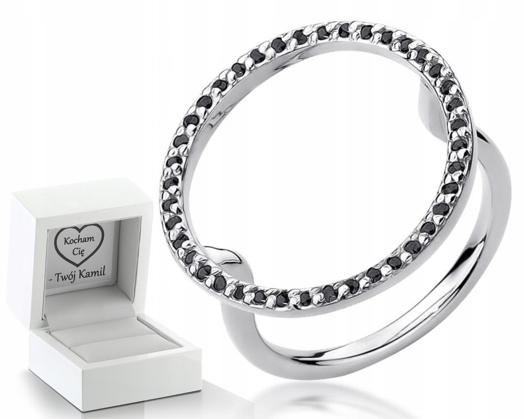 Prstýnek Z Bílého Zlata S Černými Brilianty Gravírování