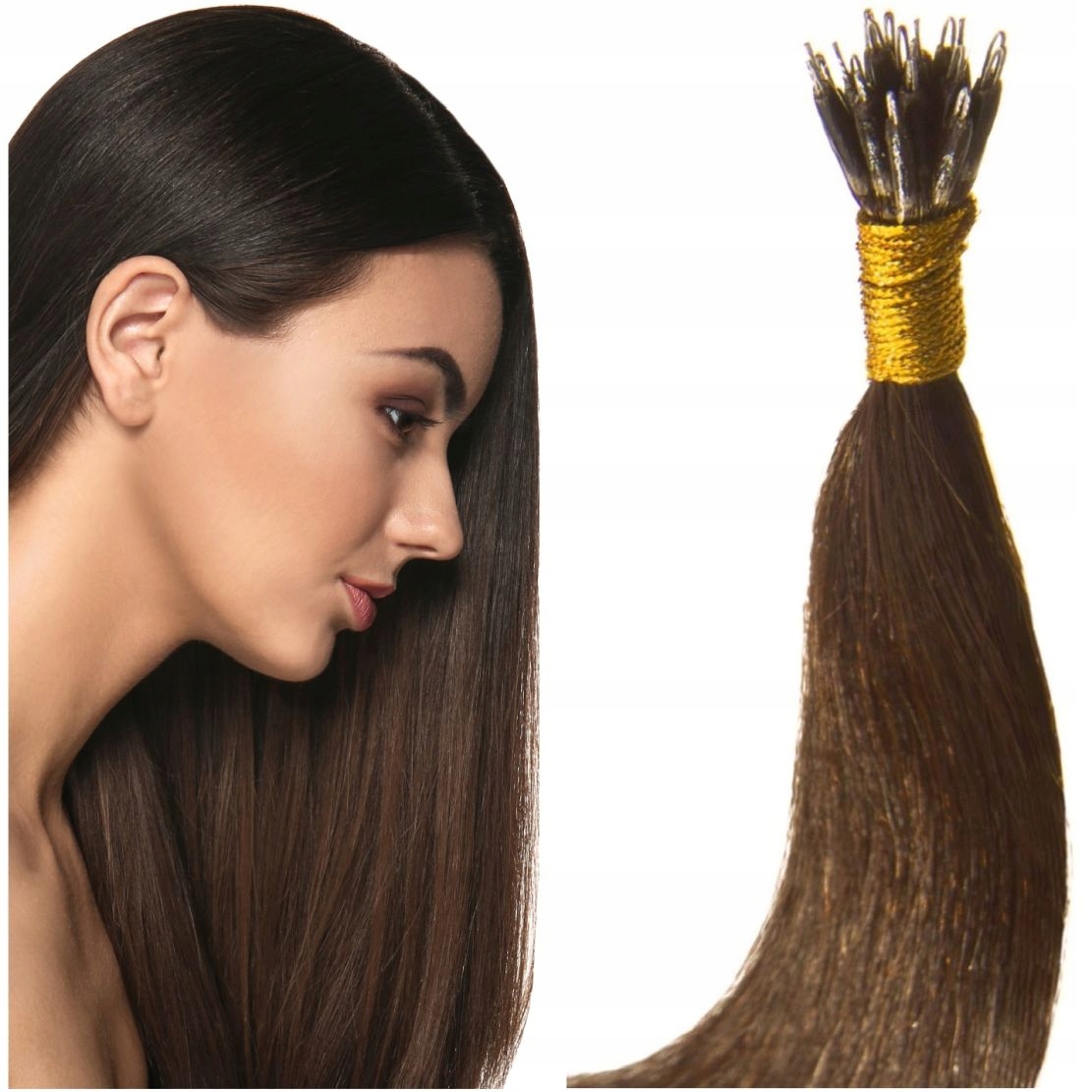 Nanoringy Vlasy 100% Přírodní Nano Ringy Pramínky 50 CM tmavě hnědá 2