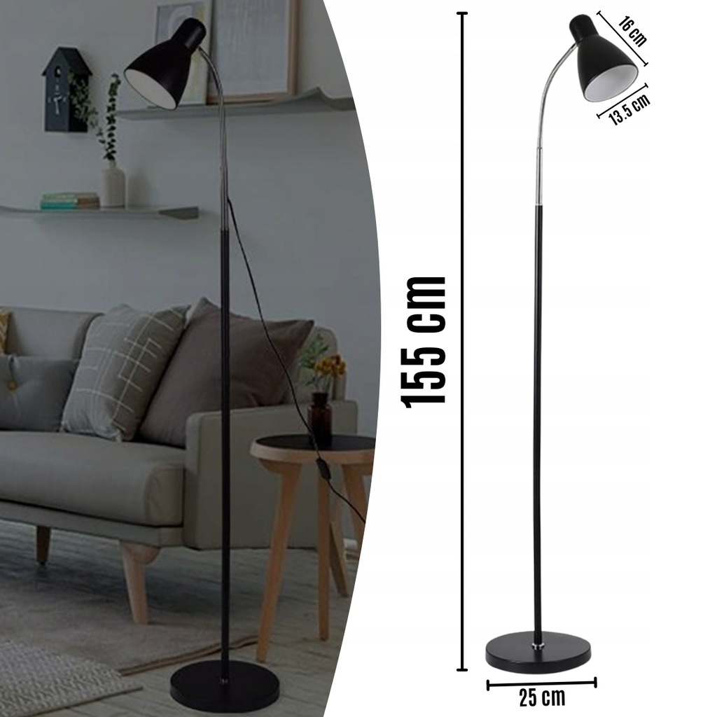 LAMPA STOJĄCA PODŁOGOWA LED 40W DO SALONU SYPIALNI POKOJU DESIGN CZARNA Długość/wysokość 155 cm