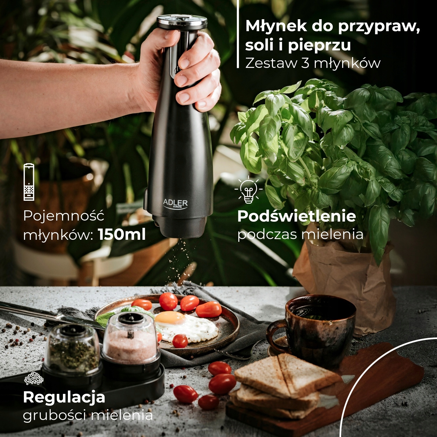 Zestaw 3 Młynek do Przypraw Adler AD 4449 Czarny - USB