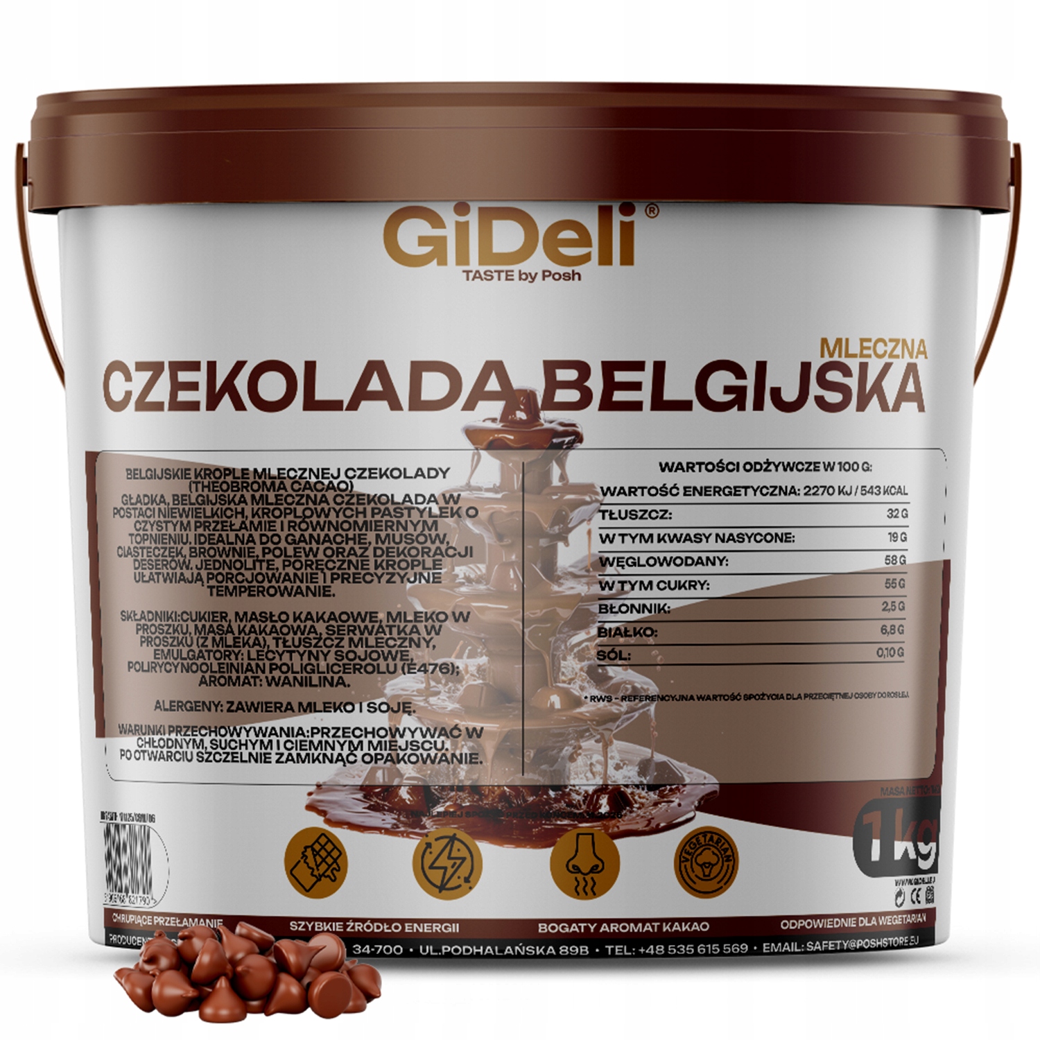 GiDeli Czekolada Belgijska Mleczna 1kg w wiaderku do fontann fondue