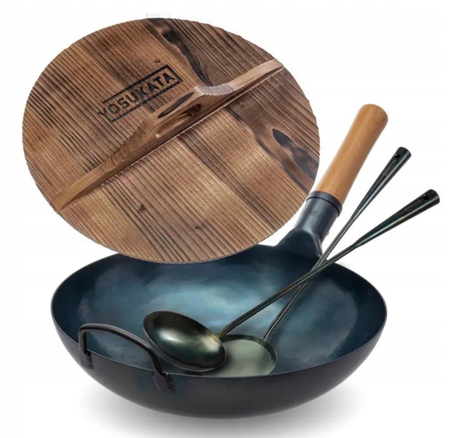 Yosukata Sada Wok 34 cm ocel uhlíkové víko dřevěné příslušenství