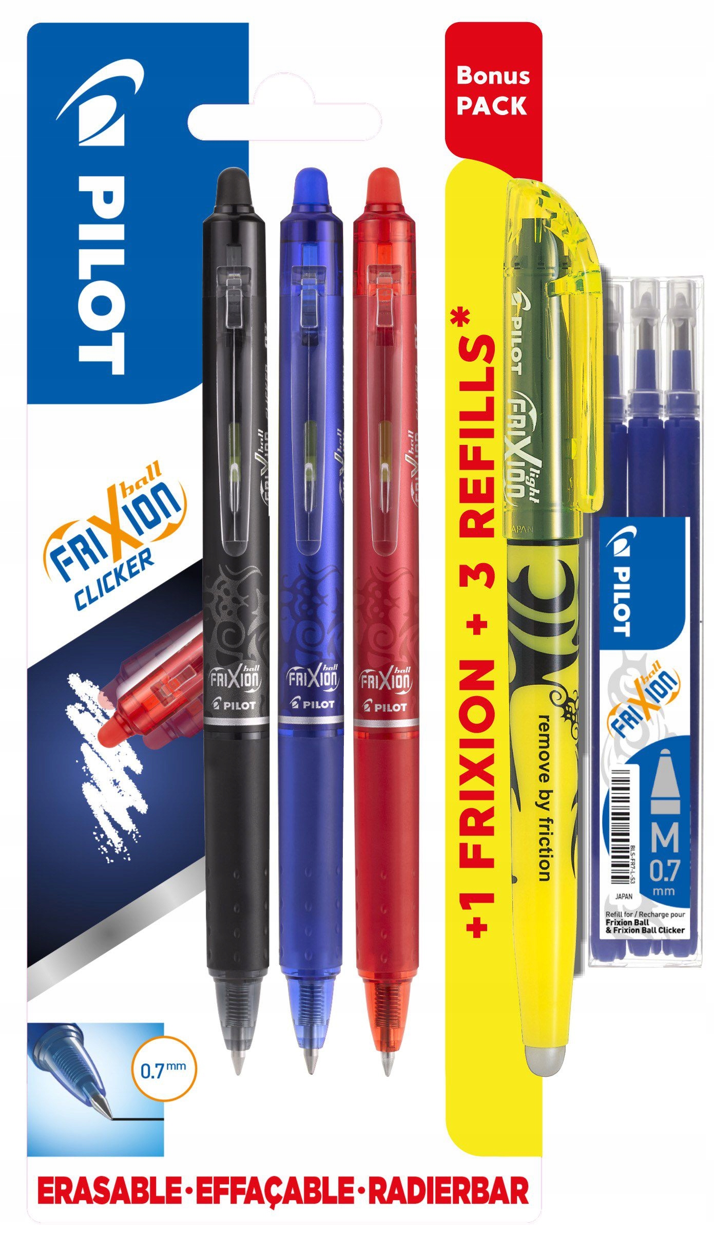 PILOT - FRIXION CLICKER PENS M/CLICK 0,7 BONUSPACK 3+LIGHT+REFILLSET