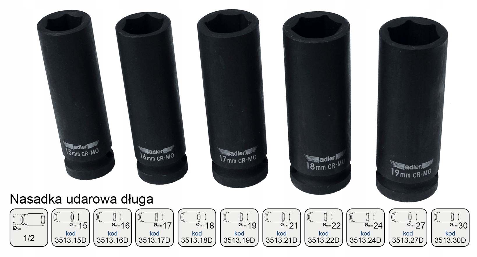 Nasadka udarowa długa Adler 1/2" 24mm Cr-Mo