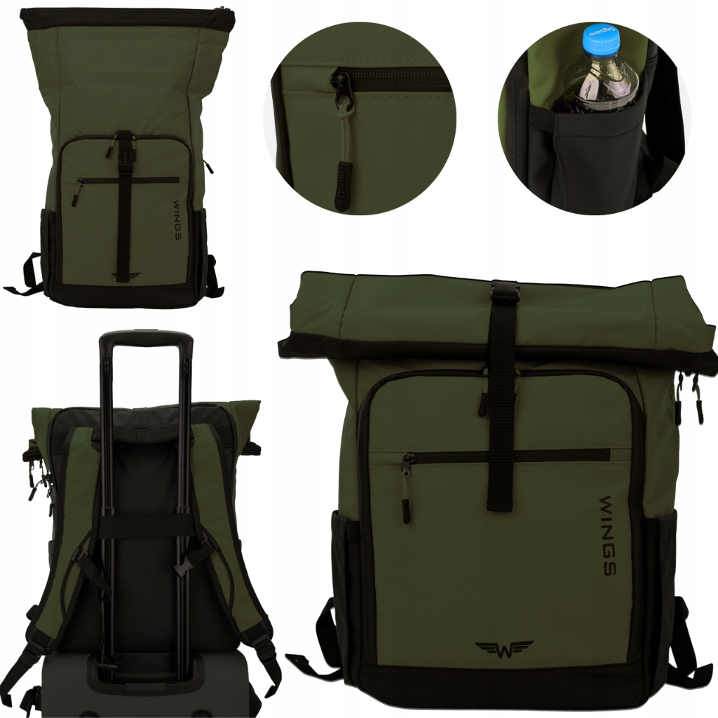 Zwijany plecak podróżny Wings Rook z pasem na walizkę i laptop 15”