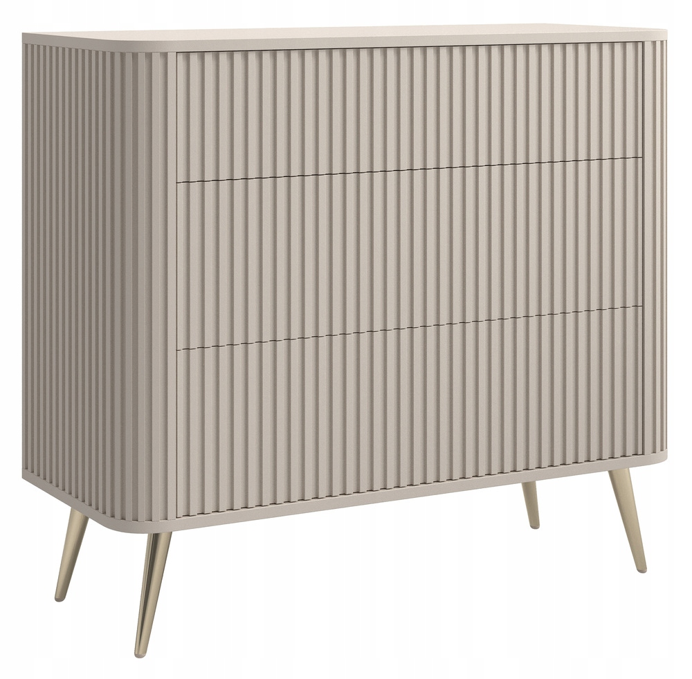 Komoda Ovarlo s lamelami a třemi zásuvkami, šedobéžová, se zlatými nohami